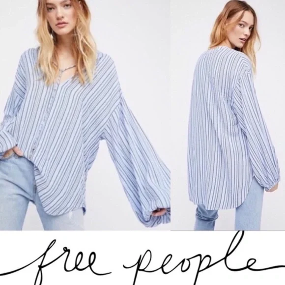 Free People Striped Tunic Top In Blue Stripe - Picture 1 of 5